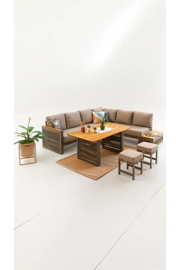 Alex Alüminyum Bahçe Balkon Köşe Takımı -cappucino (MASA TABLASI DÜZ KESİM OLARAK GELMEKTEDİR)